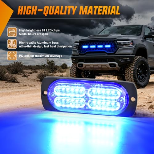 Nilight 4PCS 24LED Blue Strobe Light 12V/24V Grille Surface Mount | Hazard Safety Warning Light with Sync Feature for Car Truck Camper Side Marker Aluminum Alloy Base Emergency Lights - color: Blue