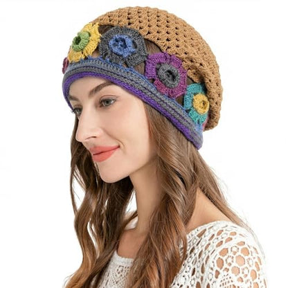 ZLYC Women Cotton Crochet Slouchy Beanie Hat Handmade Knit Summer Skull Cap | Lightweight breathable,boho casual chic look,travel photos festival party,café commute daily wear,beach concert gathering - color: Colorful Flower Shiny Brown