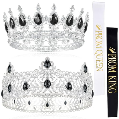 4 Pieces Prom King and Queen Crowns Set with Sashes Valentine's Day Carnival Birthday Wedding Costume Accessories Gold King Crown for Men Women Prom(M,Black Diamond) - color: Black Diamond