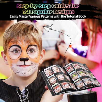 Face Painting Kits for Kids Non-Toxic and Hypoallergenic Face Paint Palette with Stencils,Book,Brushes,Tattoos,Gems Face&Body Makeup Kit for Halloween, Cosplay,Party,Theater & Stage(QCH-32C)