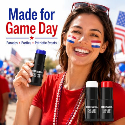 BOBISUKA Red White Blue Face Paint Stick Kit, Eye Black Sticks for Football Baseball Softball Lacrosse American-Flag, Body Paints Makeup Kit for Halloween Cosplay Special Effects Costume SFX - color: Red.Blue,White