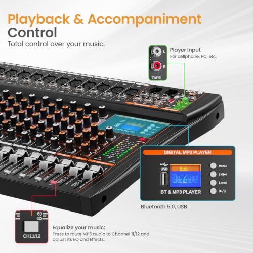 Audio Mixer Sound Board, Bluetooth Music Mixing Board (12 Channels) | 24 Bit Dsp Effects, Bluetooth 5.0 & USB Input, +48V Phantom Power, 3 Band EQ, PFL Monitor, Streaming, Podcast, Studio, Church - size: GP120