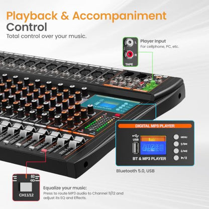 Audio Mixer Sound Board, Bluetooth Music Mixing Board (12 Channels) | 24 Bit Dsp Effects, Bluetooth 5.0 & USB Input, +48V Phantom Power, 3 Band EQ, PFL Monitor, Streaming, Podcast, Studio, Church - size: GP120