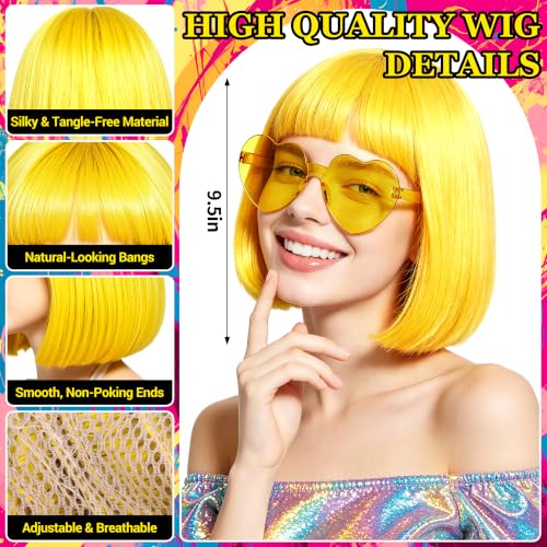 Short Bob Straight Hair Wigs with Bangs, Synthetic Fiber Colorful Hair, Heart-shaped Sunglasses for Women (Yellow) - color: Yellow