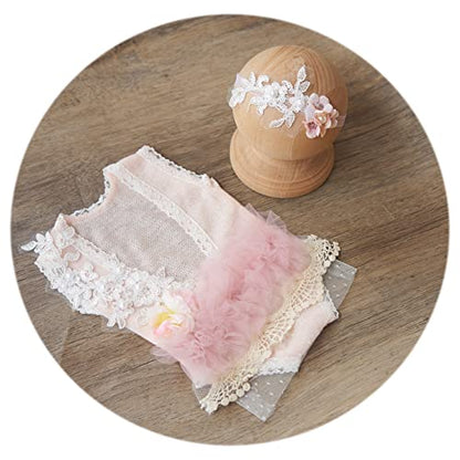 Zeroest Baby Girls Photography Lace Outfits & Props | Newborn Girl Photo Shoot Set with Romper, Headbands, Infant Photoshoot Prop - color: Pale Peach