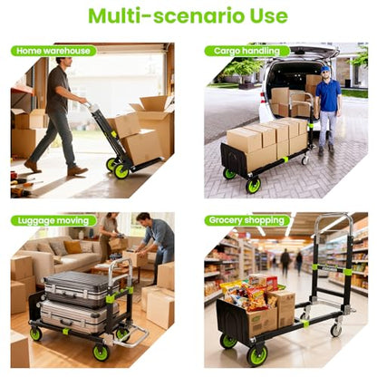 3-in-1 Folding Hand Truck, 600lb Convertible 4 to 2 Wheel Dolly Cart Green | For home office warehouse garage farm gym, carbon steel frame, base expands 35-44in, swivel rubber wheels, folds flat - color: Green
