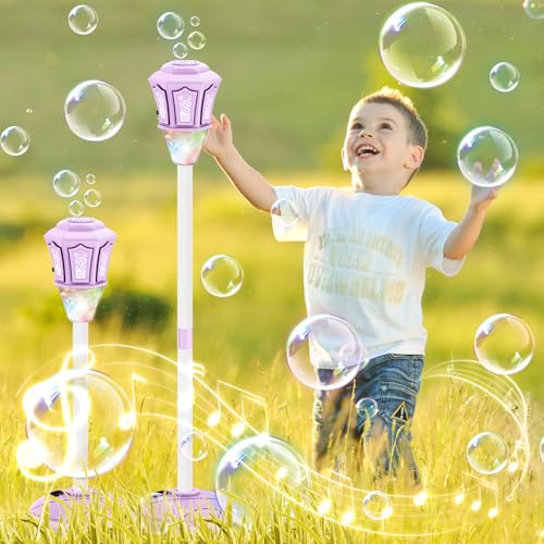 Bubble Machine,Automatic Standing Bubble Maker Machine with Light/Music/Remote,47 Inch Adjustable Height Outdoor Toys for Toddlers Party Birthday, Wedding,Gifts Purple - color: Purple