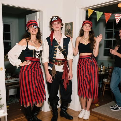 Women Pirate Costume Accessories Set|Headscarf Wrap Hat Sash Belt Cosplay Outfit With Stainless Steel Earring Necklace - style: 6 Pcs Pirate Set