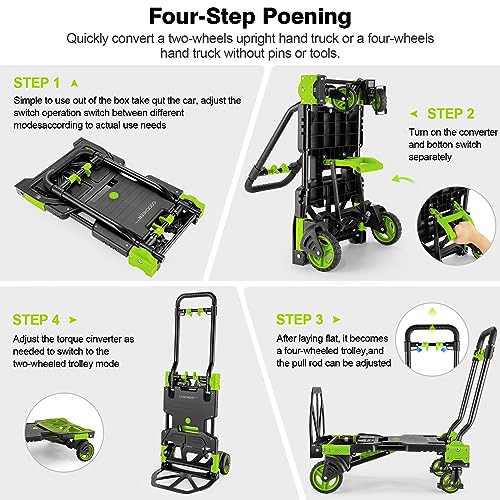 Folding Hand Truck Dolly, 330lb Convertible 4 to 2 Wheel Moving Cart, Green | Dolly Cart with Retractable, Aluminum Alloy & Cast Iron Build, Nylon Wheels,Compact Fold,for Moving,Office,Delivery,Outdoor - size: 330LB Green