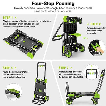 Folding Hand Truck Dolly, 330lb Convertible 4 to 2 Wheel Moving Cart, Green | Dolly Cart with Retractable, Aluminum Alloy & Cast Iron Build, Nylon Wheels,Compact Fold,for Moving,Office,Delivery,Outdoor - size: 330LB Green