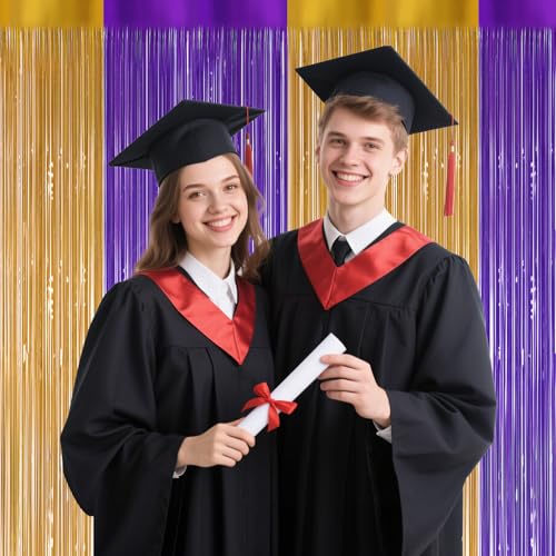 Ishua 2pcs Foil Fringe Curtains Purple and Gold, 3.3x6.6ft Tinsel Streamer Backdrops Foil Fringe Curtains for Birthday, Graduation Party(Gold and Purple) - color: Gold and Purple