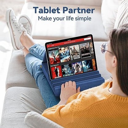 KDD Tablet Pillow Holder, Foldable iPad Stand for Lap, Bed and Desk -Tablet Soft Pad Dock with Pocket & Stylus Mount Compatible with iPad Pro 12.9, 10.5, 9.7 Air Mini 6 5 4 3, Galaxy Tab,E-Reader - color: Blue