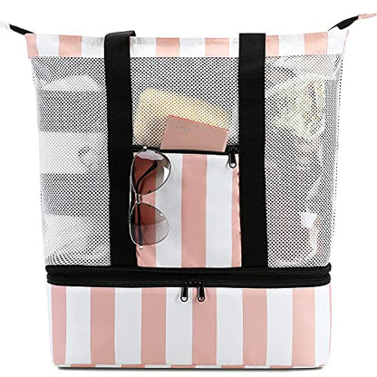 Bluboon Mesh Beach Tote Bag with Cooler Compartment Insulated Detachable Picnic Bag with Zipper and Pocket Pool Bag for Women - color: Pink