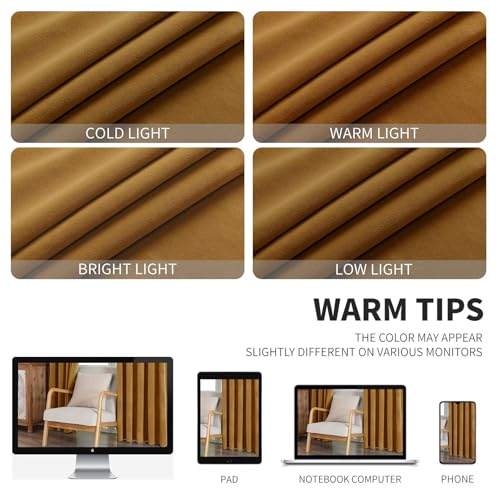 CUCRAF Gold Brown Velvet Curtains 84 inches Long, Soft Room Darkening Rod Pocket Blackout Curtain, Thermal Insulated Noise Reduction Window Drapes for Living Room Bedroom (52 x 84 Inch, 2 Panels) - color: Gold, size: 52"W x 84"L (Pack of 2)