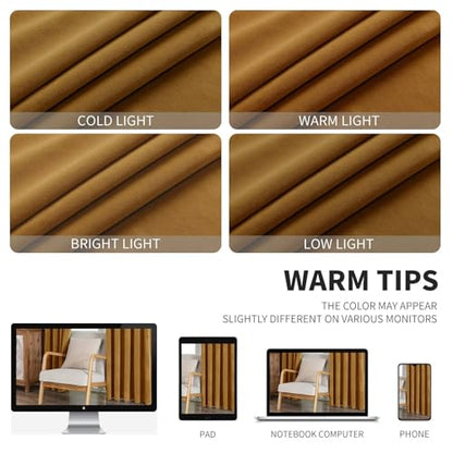 CUCRAF Gold Brown Velvet Curtains 84 inches Long, Soft Room Darkening Rod Pocket Blackout Curtain, Thermal Insulated Noise Reduction Window Drapes for Living Room Bedroom (52 x 84 Inch, 2 Panels) - color: Gold, size: 52"W x 84"L (Pack of 2)