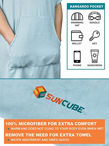 SUN CUBE Surf Poncho Changing Robe with Hood, Wetsuit Changing Hooded Towel | Thick Quick Dry Microfiber, Wetsuit Changing Towel, Surfing Beach Swim Outdoor Sports Cover Up, Adult Wearable Poncho - color: Light Blue
