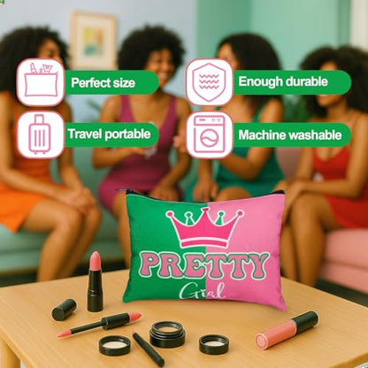 Reginary 12 Pcs Sorority Gifts for Women Pink and Green Sister Makeup Bags | Greek Sorority Cosmetic Bags, Pretty Girl Zipper Pouches, Sister Birthday Friendship Gifts - style: Aka Sorority