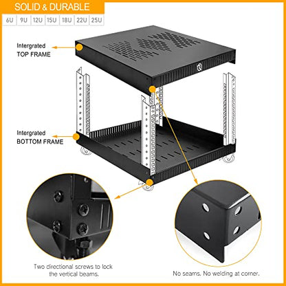 RIVECO 12U Network Rack with Reinforced Top Cover - 4 Post Floor Rack on Wheels for 19" Equipment & Stereo Gear- Including Rack Mount Power Strip & 1PCS 1U Rack Shelf - size: 12U
