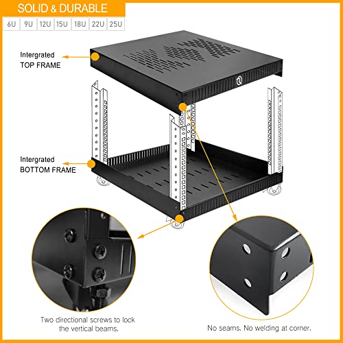 RIVECO 25U Network Rack with Reinforced Top Cover - 4 Post Floor Rack on Wheels for 19" Equipment & Stereo Gear- Including Mount Power Strip & 2PCS 1U Shelves - size: 25U