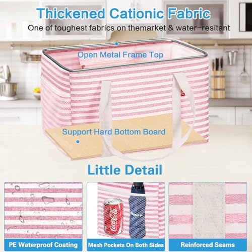 LHZK Standing Utility Tote Bag with Metal Wire Frame and the Sides Rinforced, Large Tote Bag with Handle, Reusable Grocery Bags Foldable, Beach Bag, Car Tote (Pink, 18.5''x11.8''x11.5'') - color: Pink, size: 18.5''x11.8''x11.5''-1 Pack