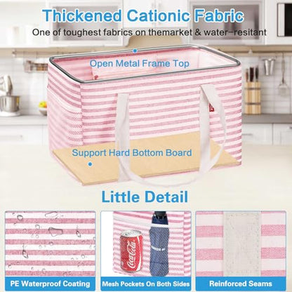LHZK 2 Pack Utility Tote Bag with Metal Wire Frame and the Sides Rinforced, Large Tote Bag with Handle, Reusable Grocery Bags Foldable, Beach Bag, Car Tote (Pink, 18.5''x11.8''x11.5'') - color: Pink, size: 18.5''x11.8''x11.5''-2 Pack