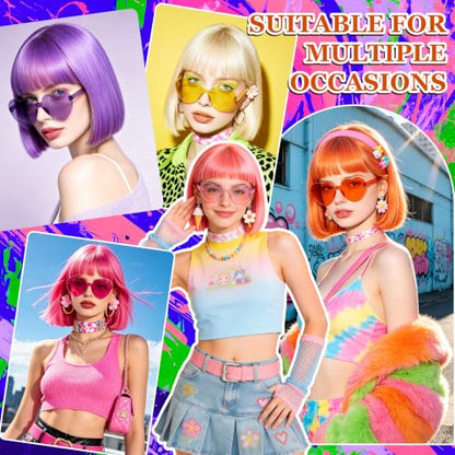 Short Bob Straight Hair Wigs with Bangs, Synthetic Fiber Colorful Hair, Heart-shaped Sunglasses for Women (Brown) - color: Brown