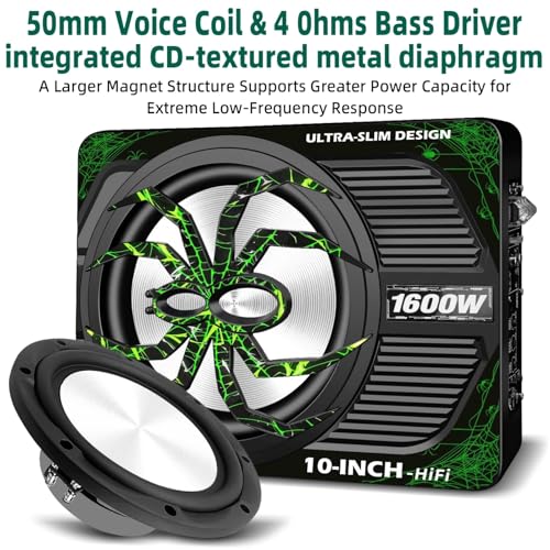 Upgraded 1600W Car Subwoofer, 10" Ultra-Thin Under-Seat Sub with Built-in Amplifier, (LPF/Gain/Bass Boost) LED Ambient Lights, Independent Bass Knob, Distortion-Free Deep Bass（Green） - color: Green ZZA