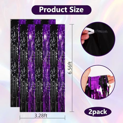 BEISHIDA Black Purple Door Streamers Backdrop Foil Fringe Tinsel Party Streamers Curtains Photo Backdrop - 2Pcs for Birthday Graduation Halloween Party Decoations - color: 05-black purple