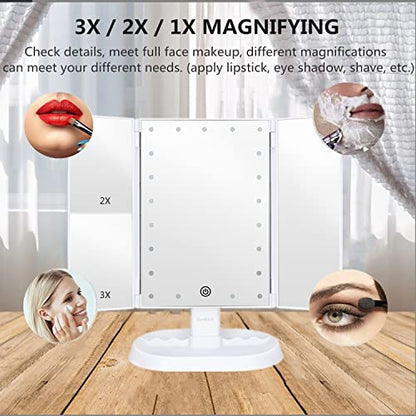 deweisn Trifold Lighted Vanity Makeup Mirror with 21 LEDs Lights,1x/2x/3x Magnification and Touch Screen Dimming,Two Power Supplies Makeup Mirror, Gift for Women - color: White