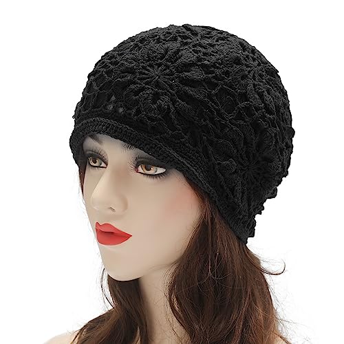 ZLYC Women Cotton Crochet Slouchy Beanie Hat Handmade Knit Summer Skull Cap | Lightweight breathable,boho casual chic look,travel photos festival party,café commute daily wear,beach concert gathering - color: Black Knitted