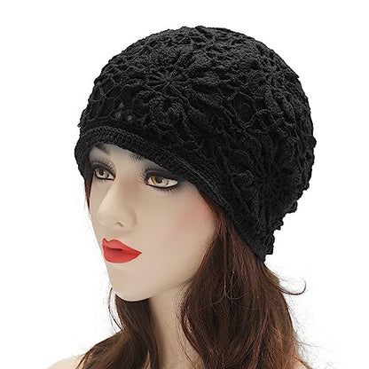 ZLYC Women Cotton Crochet Slouchy Beanie Hat Handmade Knit Summer Skull Cap | Lightweight breathable,boho casual chic look,travel photos festival party,café commute daily wear,beach concert gathering - color: Black Knitted