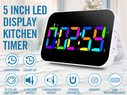 Kitchen Timer （1.5" Number） 10 RGB Color Changing Digital Magnetic Timer, Countdown/Up, Rechargeabilit, 3 Brightness Display, 3 Volume Levels and Vibration Mode, for Classroom, Study, Fitness - color: 5''rgb Charge