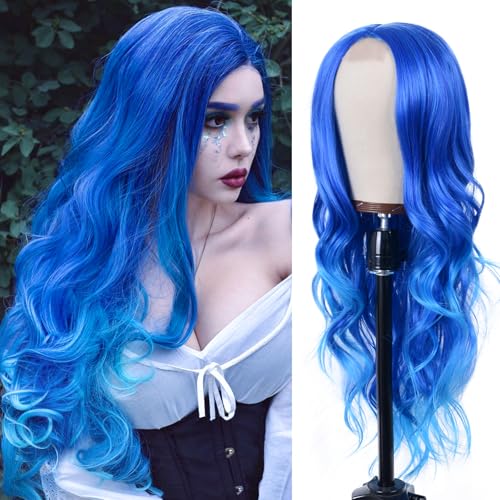 Aida ble Long Wavy Blue Wig for Women 26inch Middle Part Synthetic Wig | Natural Looking Heat Resistant Hair,Suitable for Daily Wear,Party,Halloween and Cosplay,Beginner-friendly Wig - color: Blue