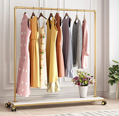 Gold Metal Clothing Rack with Wood Shelf, Heavy Duty Rolling Garment Rack with Wheels for Bedroom Retail Boutique Use (61L inches) - style: single-large