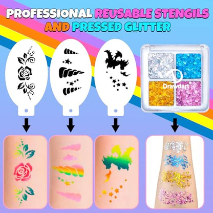 Drawdart Professional Face Painting Kit for Kids Adults, Rainbow Split Cake Face Paint Makeup Palette 12 x 10gm+ 4 Colors Pro Pressed Glitter Eyeshadow Palette, with Brushes Sponges Stencils Gems - color: Classic