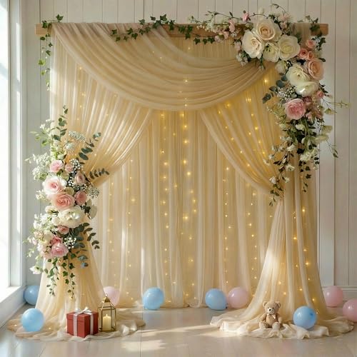 10 FT x 10 FT Champagne Backdrop Curtain - Tulle Backdrop Curtain with 9.8FT Lights String - Sheer Backdrop Curtains with 4 Inch Rod Pockets for Birthday Party Weddings Baby Shower Photo Booth Props - color: Champagne, size: 10ft×10ft