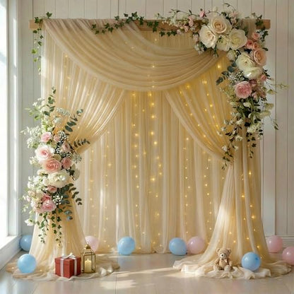 10 FT x 10 FT Champagne Backdrop Curtain - Tulle Backdrop Curtain with 9.8FT Lights String - Sheer Backdrop Curtains with 4 Inch Rod Pockets for Birthday Party Weddings Baby Shower Photo Booth Props - color: Champagne, size: 10ft×10ft