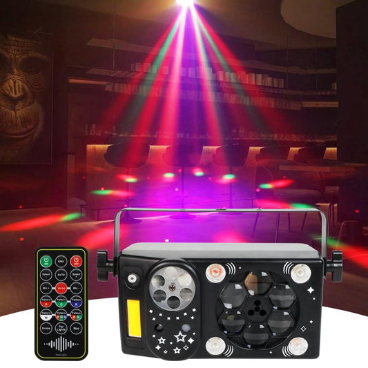 BAKOD 7-in-1 Projector Party Light with GOBO Patterns, RGBW Disco Ball & Strobe Effects, Sound Activated DJ Stage Lighting with DMX512 and Remote Control for Weddings, Karaoke, Clubs, Birthday Events