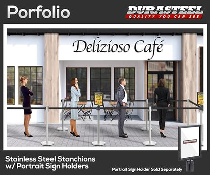 DuraSteel Crowd Control Barriers Line Dividers - Silver Stanchion Stainless Steel Posts with 6.5ft Black Retractable Belt Ropes - for Store Queues, Airport Lines, Event Entries - 2 Set/Pack - color: Black Belt, style: Silver Stanchion 2 Pieces Set