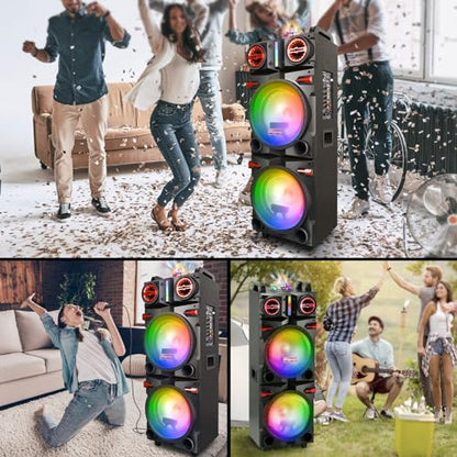 Portable Wireless Party Bluetooth Speaker with Dual 10" Woofers | 80W Rechargeable PA System with Bass/Treble, Wired Microphone, Flashing Light, TWS, FM, REC, Telescopic Pull Rod, Wheels - size: Dual 10'' Woofers