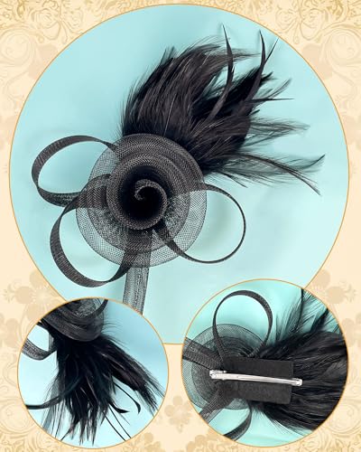 Fascinators Hat for Women Tea Party Tulle Mesh Headband Feather Hat for Women Veil Tea Party Hats - color: Black