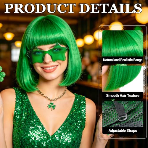 Short Bob Straight Hair Wigs with Bangs, Heat Resistant Fiber Hair, Star-shaped Glasses for Women (Green) - color: Green