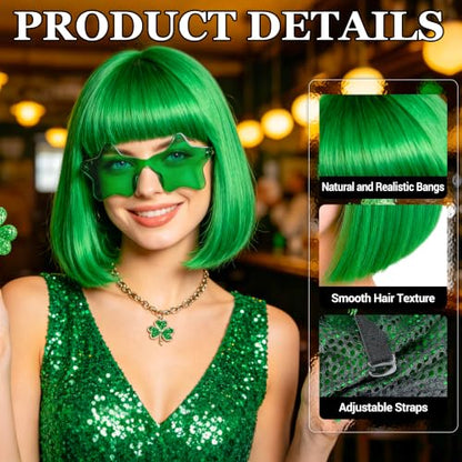 Short Bob Straight Hair Wigs with Bangs, Heat Resistant Fiber Hair, Star-shaped Glasses for Women (Green) - color: Green