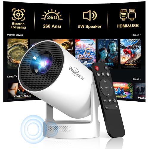 Mini Projector with WiFi 6 and Bluetooth 5.4, Android 14 Smart Projector with Electric Focus, 180° Rotatable Stand, HD Portable Movie Projector for Bedroom, Home and Outdoor Use - color: HY 300 Plus