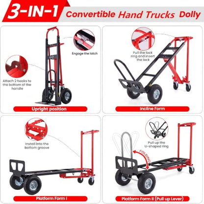 1000 LBS Heavy Duty Steel Hand Truck, 4-in-1 Convertible Dolly Cart - color: Red-1