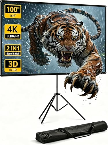 WASJOYE Outdoor Proiector Screen with Stand 100" - 16:9 4K HD Portable Proiector Screen, 1.2 Gain Outdoor Projector Screen, Easy Setup and Carrying, for Home Cinema, Backyard Party Office TV Game - size: 100 Inch