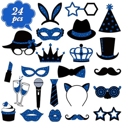 Zonon 24 Pcs Photo Booth Props Set Black Gold Birthday,Blue and Black | Props on Sticks for Wedding, Reunion, Prom, Includes Mustache, Hats, Glasses, Ties, Lips, Crowns, Fun Party Accessories - color: Blue and Black