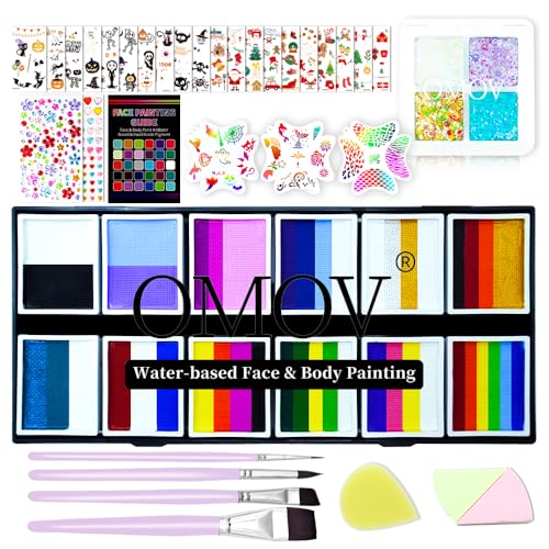 48 Colors Face Painting Kit for Kids & Adults, Non-Toxic Water Based Face Paint Palette with12 Rainbow Split Cakes +4 Sequins Gels, Includes Brush,Stencils,Glow Stickers Halloween Christmas Body Paint - color: 12 Rainbow Cakes