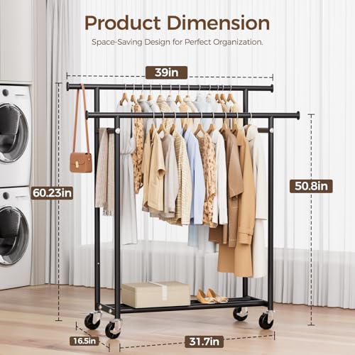 HYSEYY Clothes Rack, Double Rods Rolling Clothing Rack for Hanging Clothes, Portable Garment Rack with Wheels, Coat Rack Wardrobe Closet Load 240 LBS for Bedroom Laundry Room (Black, L) - color: Black