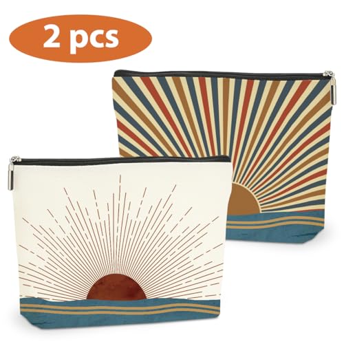 2PCS Boho Makeup Bag, Boho Gifts for Women Friend Mom Cosmetic Bag | Sunlight Rays Natural Linen Zipper Pouch Best Gifts for Girls Sister Travel Sunshine Cosmetic Bag - color: Multicolor 0083